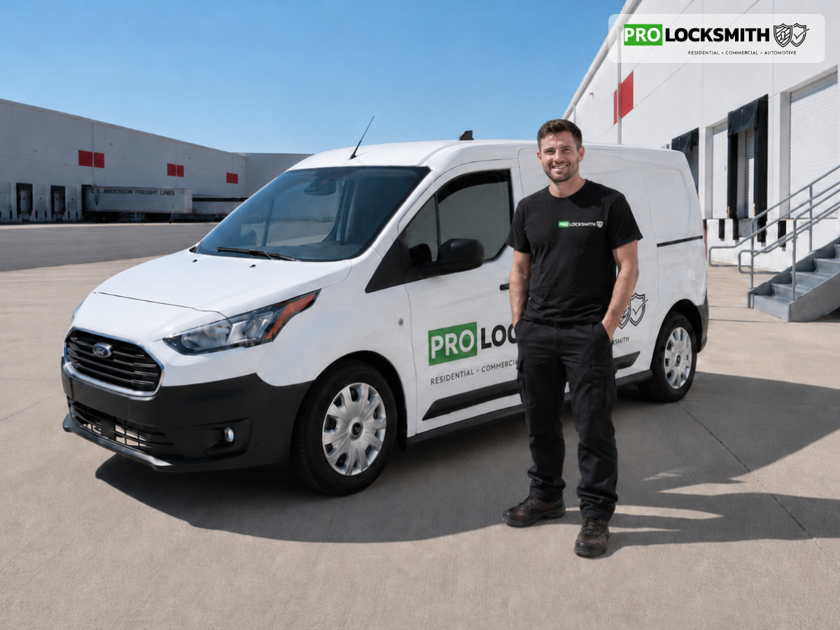 Pro Locksmith Tacoma technician standing by branded service van