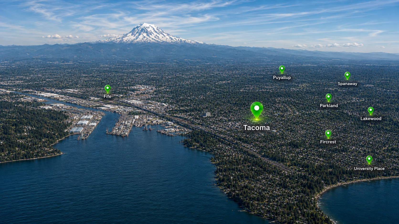 Tacoma WA locksmith service area aerial map background for Pro Locksmith showing Tacoma, Lakewood, University Place, Fircrest, Fife, Parkland, Spanaway, and Puyallup. Call 206-758-8303.